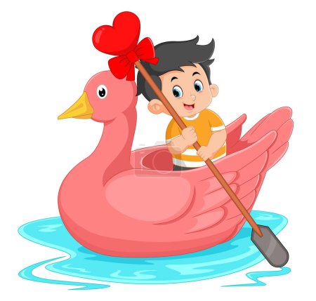 Téléchargez les illustrations : Cute boys are rowing on a swan-shaped boat of illustration - en licence libre de droit