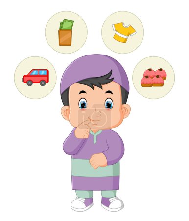 Illustration for A Muslim boy was confused about choosing an idea for an Eid gift of illustration - Royalty Free Image