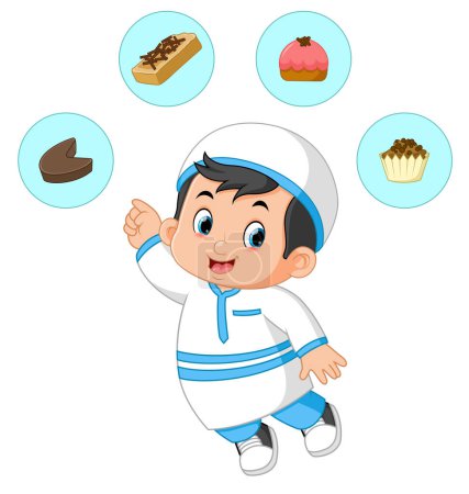 Ilustración de A Muslim boy is excited to choose a cake for Eid Al-Fitr of illustration - Imagen libre de derechos