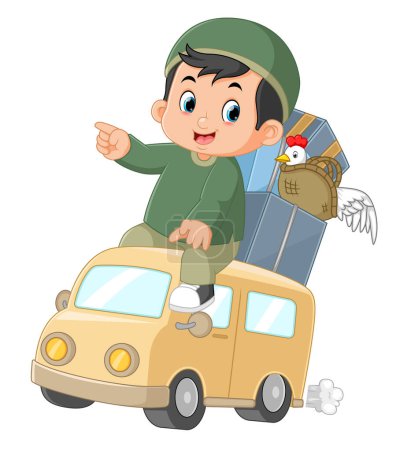 Illustration for A Muslim boy is happy to come home to welcome Eid al-Fitr of illustration - Royalty Free Image
