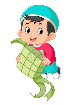 Illustration for A Muslim boy was excited and jumped holding a big rice dumplings of illustration - Royalty Free Image