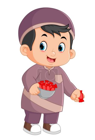 Illustration for A cute muslim boy brings a big bowl and distributes lots of candy of illustration - Royalty Free Image