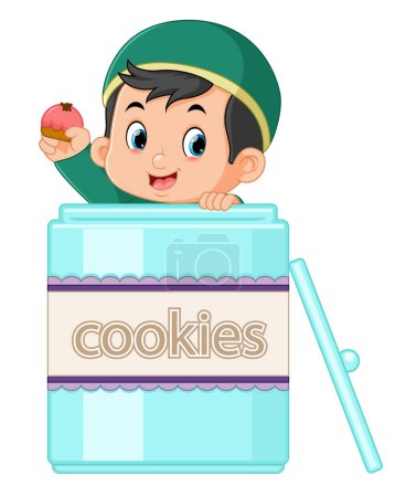Téléchargez les illustrations : A cute Muslim boy gave a surprise by coming out of a big jar of cookies of illustration - en licence libre de droit