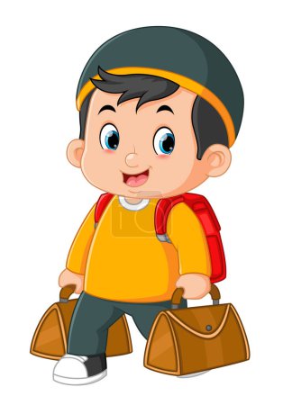 Illustration for A Muslim boy is happy to travel out of town with lots of bags of illustration - Royalty Free Image
