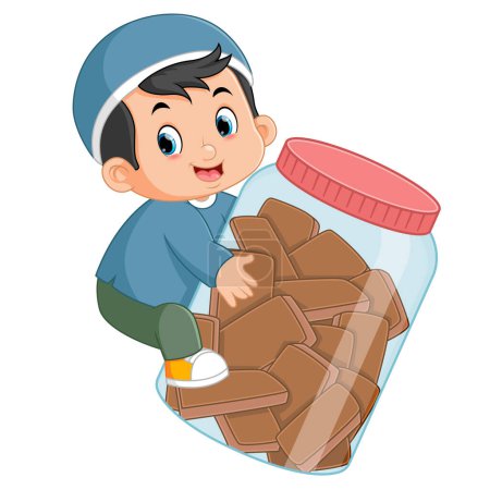 Téléchargez les illustrations : Un garçon musulman est heureux d'obtenir beaucoup de gâteaux au chocolat dans un grand pot d'illustration - en licence libre de droit