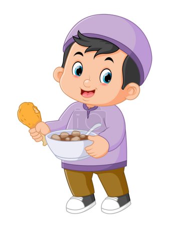 Téléchargez les illustrations : A cute Muslim boy brings a bowl of food and also a piece of fried chicken of illustration - en licence libre de droit