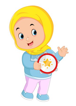 Téléchargez les illustrations : Une fille musulmane est heureuse en jouant le tambourin de l'illustration - en licence libre de droit