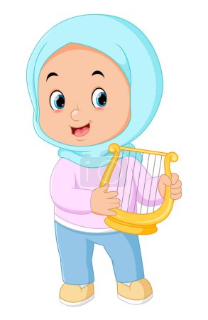 Téléchargez les illustrations : Une fille musulmane est heureuse de jouer de la harpe musicale d'illustration - en licence libre de droit