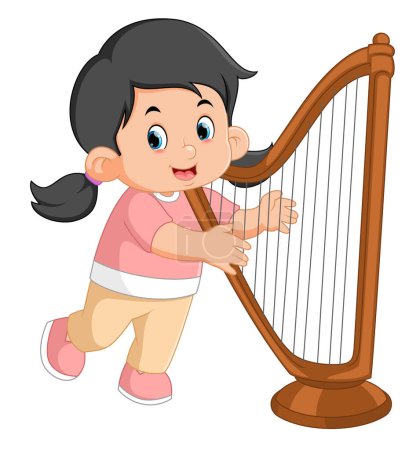 Illustration for A cute and funny girl is learning the harp instrument of illustration - Royalty Free Image