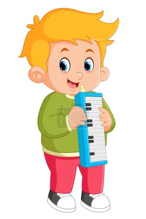 Illustration for A cute boy is learning a song by playing a melodian musical instrument of illustration - Royalty Free Image