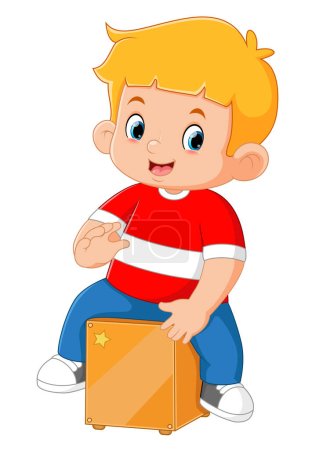 Illustration for A cute boy playing a cajon drum instrument like a pro of illustration - Royalty Free Image