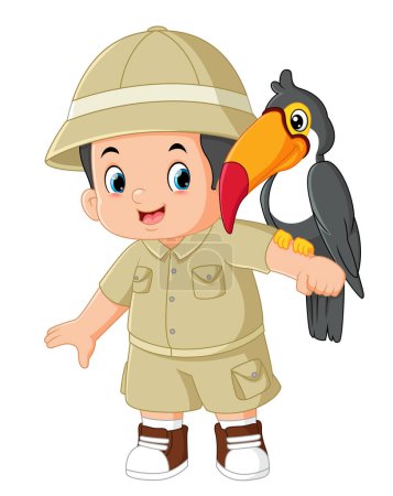 Téléchargez les illustrations : Un garçon aventureux drôle pose avec un gros toucan oiseau d'illustration - en licence libre de droit