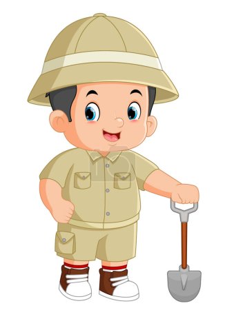Téléchargez les illustrations : A cute adventurous boy poses with a shovel to dig for treasure of illustration - en licence libre de droit