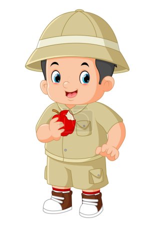 Téléchargez les illustrations : Un garçon aventureux mignon avait faim et mangeait une pomme d'illustration - en licence libre de droit