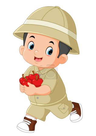 Téléchargez les illustrations : Un garçon aventureux excité et courant portant beaucoup de pommes d'illustration - en licence libre de droit