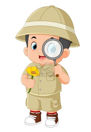 Téléchargez les illustrations : An adventurous boy is observing sunflowers with a magnifying glass of illustration - en licence libre de droit