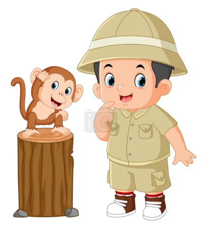 Téléchargez les illustrations : Un garçon aventureux pose avec un bébé singe d'illustration - en licence libre de droit