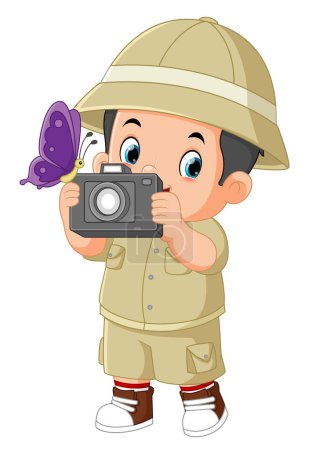 a cute adventurous boy is observing a butterfly and carrying a camera of illustration