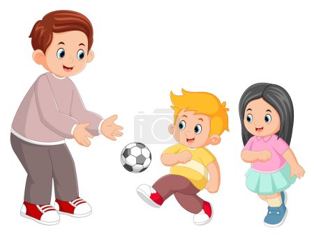 Téléchargez les illustrations : Un père est heureux de jouer au ballon avec son fils et sa fille d'illustration - en licence libre de droit