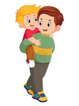 Illustration for A father is happily playing and carrying his son on his back of illustration - Royalty Free Image