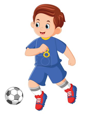 Téléchargez les illustrations : Un père fait de l'exercice en jouant au soccer portant une chemise bleu uniforme d'illustration - en licence libre de droit