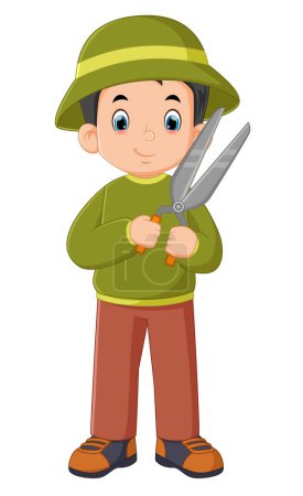 Illustration for A father wearing a garden hat posing with a grass scissor of illustration - Royalty Free Image