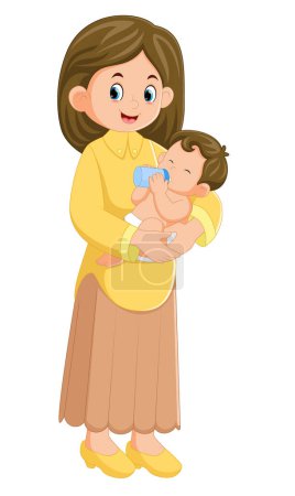 Illustration for A happy mother is holding her baby boy and feeding him a bottle of illustration - Royalty Free Image