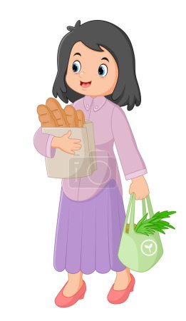Téléchargez les illustrations : Une femme faisant du shopping avec des paniers de légumes et des sacs pleins de pain d'illustration - en licence libre de droit