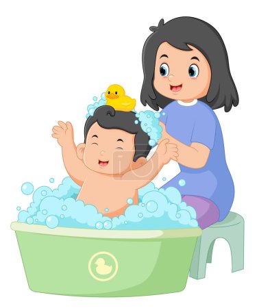 Ilustración de Una madre feliz haciendo su muy linda actividad de baño de bebé de ilustración - Imagen libre de derechos