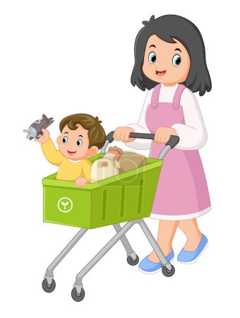 Illustration for A mother is happily shopping at the supermarket with her son with a shopping cart of illustration - Royalty Free Image