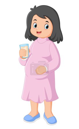 Ilustración de Una mujer embarazada con un vestido rosa está posando bebiendo un vaso de leche de ilustración - Imagen libre de derechos