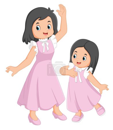 Illustration for A mother is teaching her daughter to dance and wearing a pink dress of illustration - Royalty Free Image