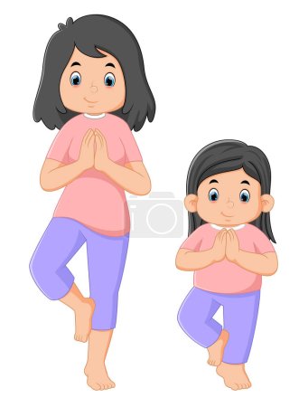 Téléchargez les illustrations : Une mère et sa fille font des exercices de yoga d'illustration - en licence libre de droit