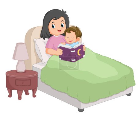 Illustration for A mother is reading a story book to her son as a bedtime bed of illustration - Royalty Free Image