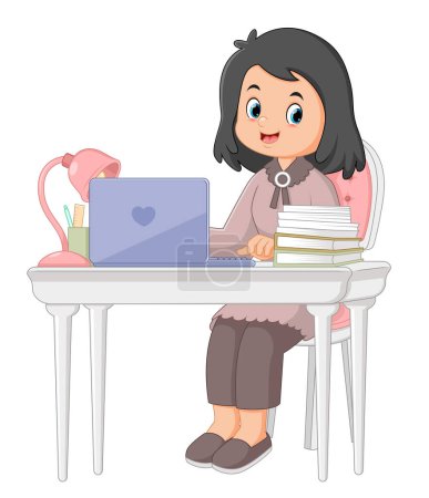 Téléchargez les illustrations : Femme freelance travaillant sur ordinateur portable à sa maison d'illustration - en licence libre de droit