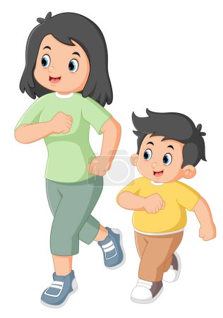 Téléchargez les illustrations : Excité mère et fils faisant course matinale de l'illustration - en licence libre de droit