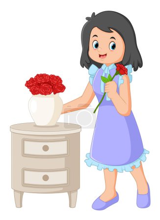 Téléchargez les illustrations : Une jeune femme apporte des roses rouges pour mettre dans un vase d'illustration - en licence libre de droit