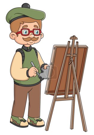 Téléchargez les illustrations : Vieux Peintre Homme Personnage Tenez le pinceau à la main devant la toile sur chevalet Dessin à l'huile Peintures d'illustration - en licence libre de droit