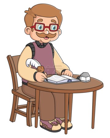 Illustration for A grandfather who works as a legend story writer is sitting and writing with a quill pen of illustration - Royalty Free Image