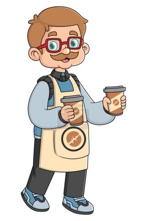 Téléchargez les illustrations : Un grand-père qui travaille comme vendeur de café professionnel transporte deux tasses de café commandées par des clients d'illustration - en licence libre de droit