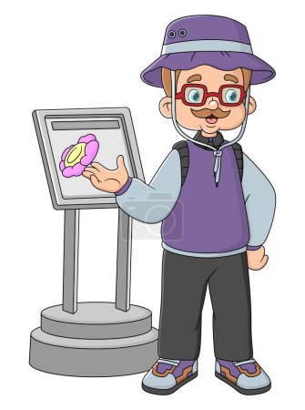 Illustration for A grandfather who works as a museum keeper is explaining an art of drawing flowers to visitors of illustration - Royalty Free Image