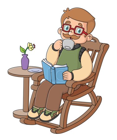 Téléchargez les illustrations : Un vieil homme se reposait assis dans un fauteuil à bascule lisant un livre et buvant une tasse de café d'illustration - en licence libre de droit
