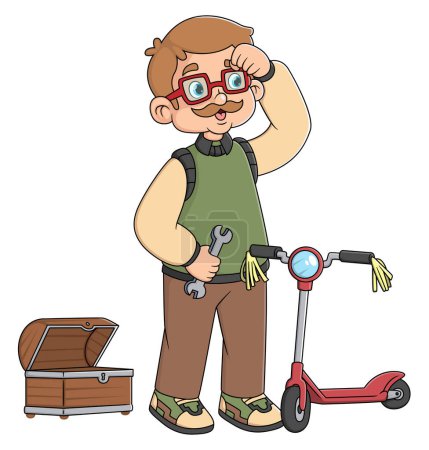Téléchargez les illustrations : Un grand-père répare le petit vélo d'illustration de son petit-fils - en licence libre de droit