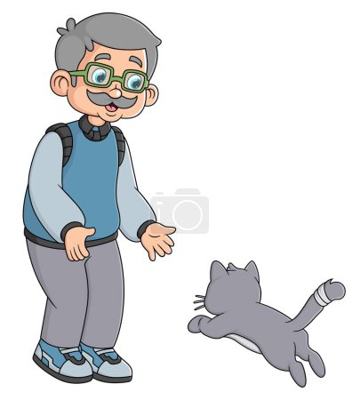 Téléchargez les illustrations : Un vieil homme heureux joue avec un chat son animal de compagnie d'illustration - en licence libre de droit