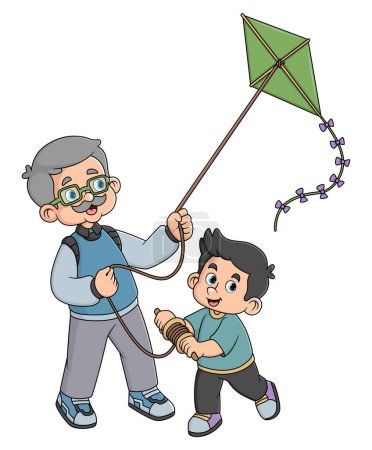 Illustration for A grandfather is happy with his grandson playing a kite of illustration - Royalty Free Image