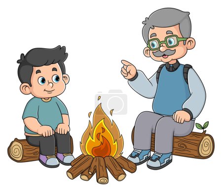 Téléchargez les illustrations : Un grand-père heureux avec son petit-fils camper et allumer le feu de joie de l'illustration - en licence libre de droit
