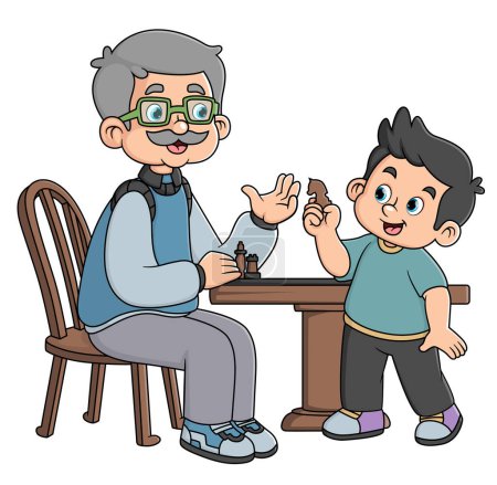 Ilustración de Un abuelo enseña a su nieto a jugar ajedrez estratégico de ilustración - Imagen libre de derechos