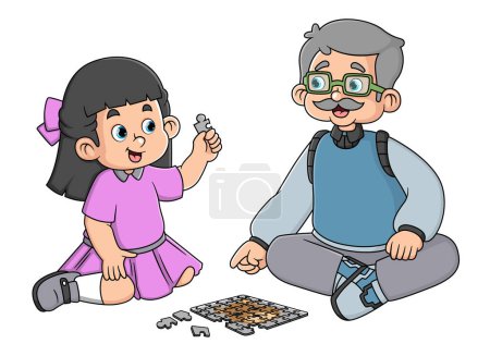 Téléchargez les illustrations : Un grand-père jouant des puzzles avec sa petite-fille d'illustration - en licence libre de droit