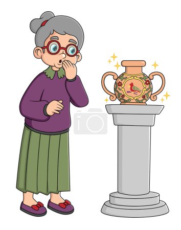 Ilustración de Anciana buscando objetos históricos, jarrones antiguos y urnas de ilustración - Imagen libre de derechos