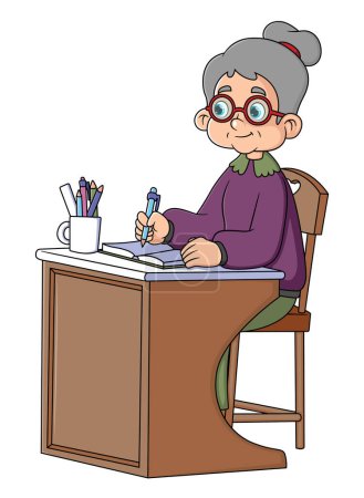 Illustration for Old teacher, female, senior professor, university tutor at desk. Busy experienced elderly master of illustration - Royalty Free Image